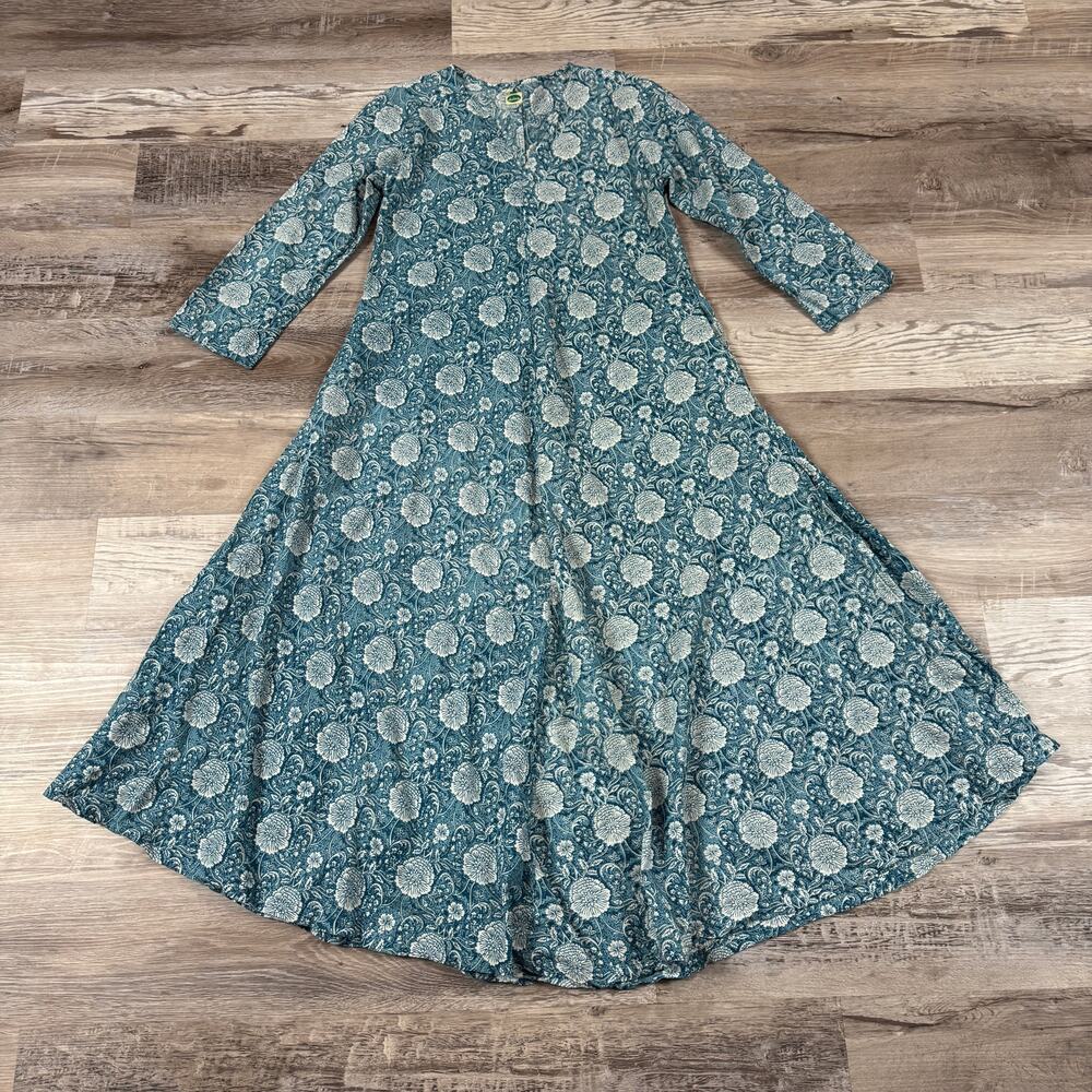 Dolma Blue Cotton Floral Maxi Dress Boho Cottagecore Artisan India Small